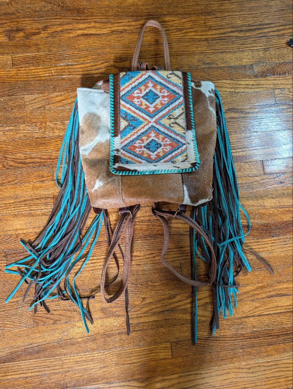 Myra Bag Brown and Turquoise Fringe Southwestern Backpack